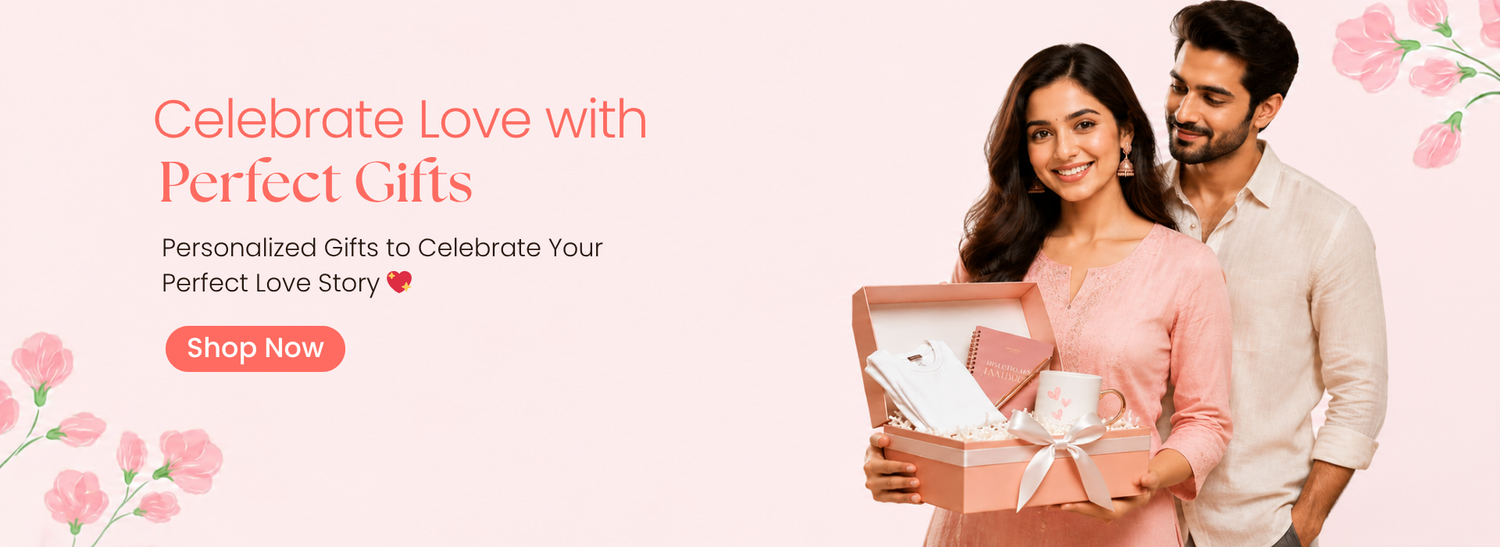 Couple holding a gift box with text 'Celebrate Love with Perfect Gifts' 