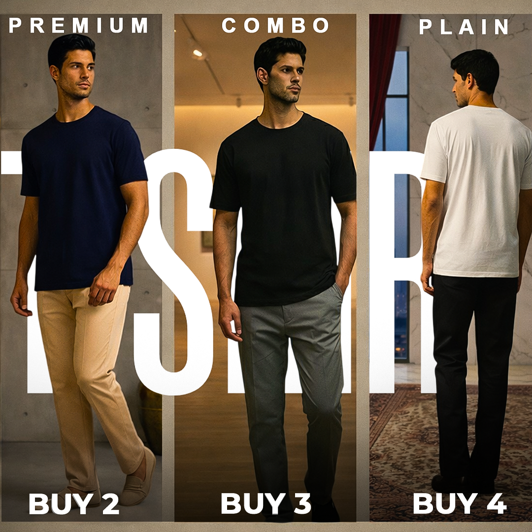 Three men wearing different colored t-shirts with text indicating quantity options.