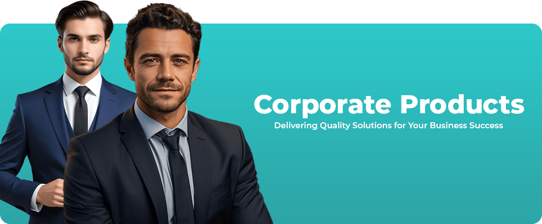 Two men in suits with a blue background and text about corporate products.