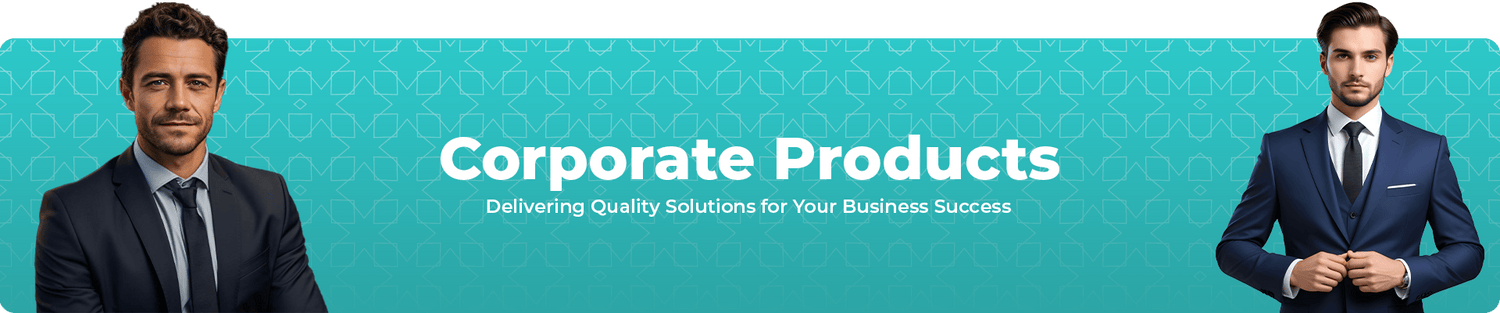 Two men in suits with 'Corporate Products' text on a teal background