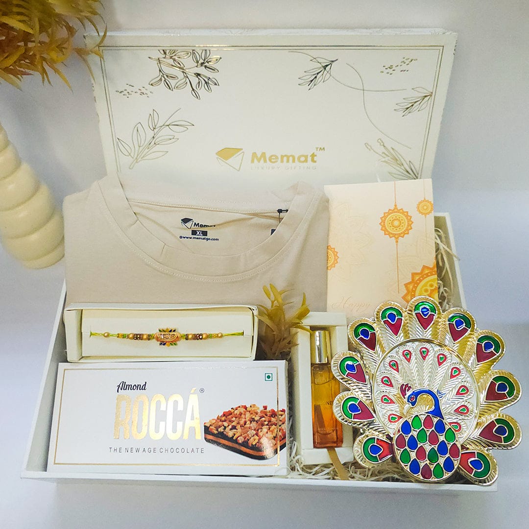 Memat Rakhi Gift Hamper with T Shirt Chocolates Rakhi– Customfy