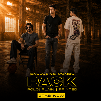 Three men in a warehouse setting with text promoting an exclusive combo pack.